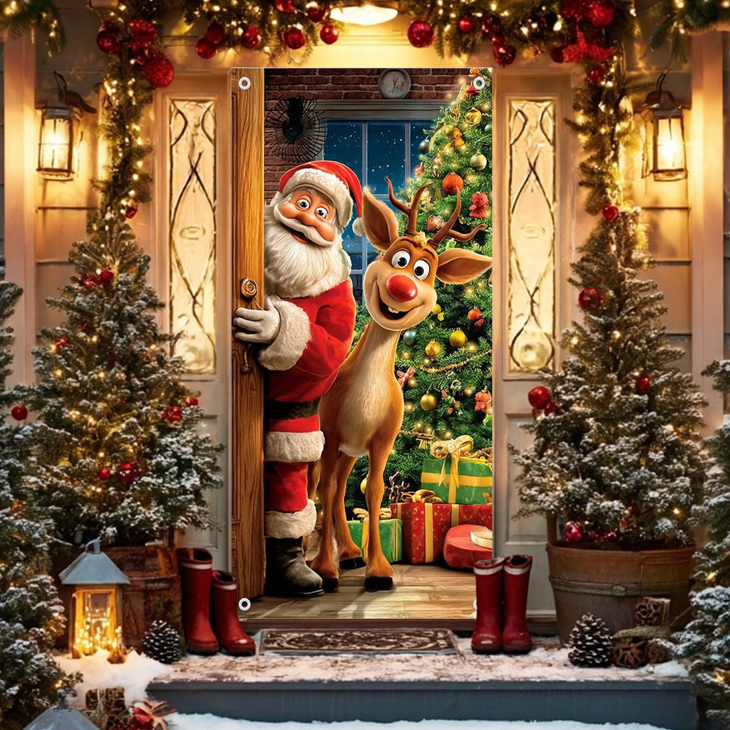 Christmas Door Cover – Santa & Reindeer Welcome Design for Front Door, Party Backdrop & Hanging Decor