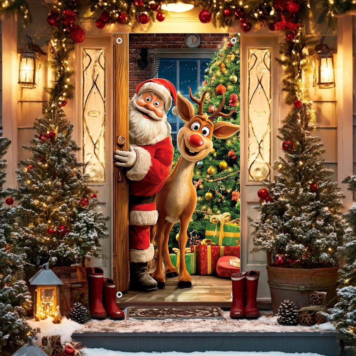 Christmas Door Cover – Santa & Reindeer Welcome Design for Front Door, Party Backdrop & Hanging Decor