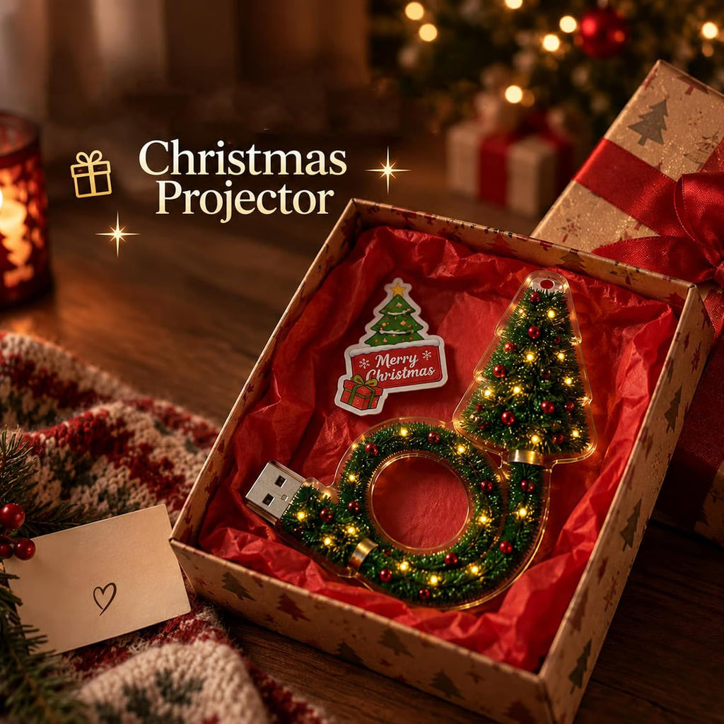 Christmas Projector Light – USB Powered HD Holiday Night Light with 6+ Festive Patterns, Flexible Tree Lamp for Bedroom, Ceiling, Desk & Christmas Decor