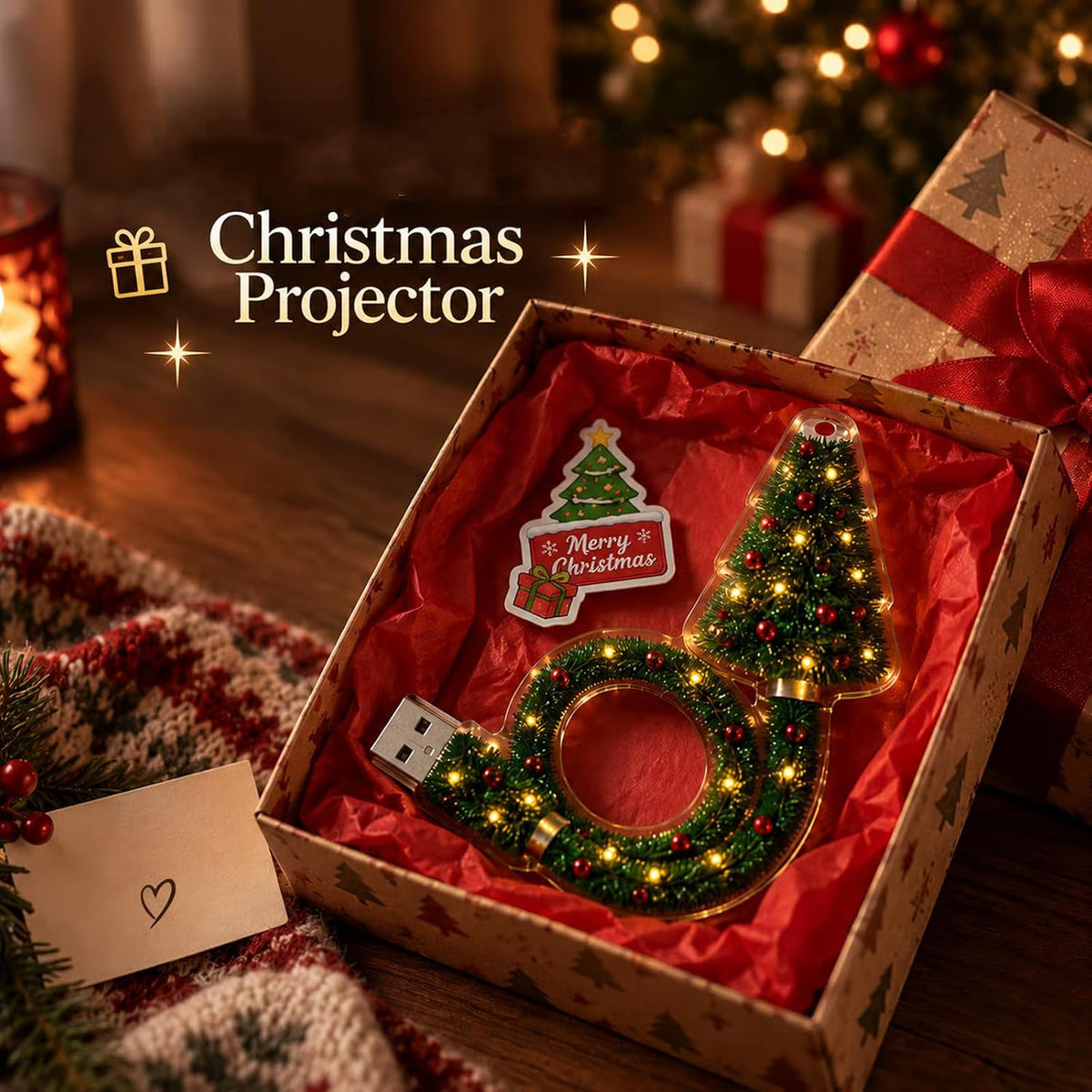 Christmas Projector Light – USB Powered HD Holiday Night Light with 6+ Festive Patterns, Flexible Tree Lamp for Bedroom, Ceiling, Desk & Christmas Decor