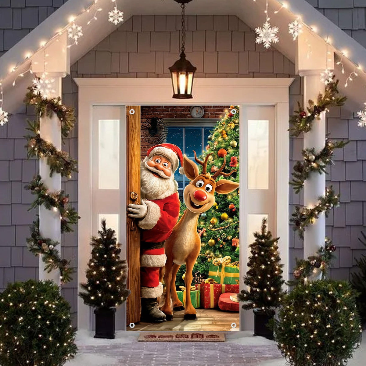 Christmas Door Cover – Santa & Reindeer Welcome Design for Front Door, Party Backdrop & Hanging Decor