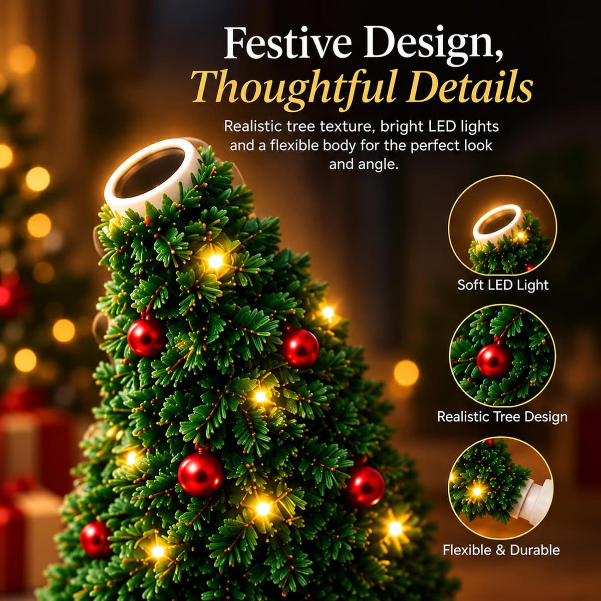 Christmas Projector Light – USB Powered HD Holiday Night Light with 6+ Festive Patterns, Flexible Tree Lamp for Bedroom, Ceiling, Desk & Christmas Decor