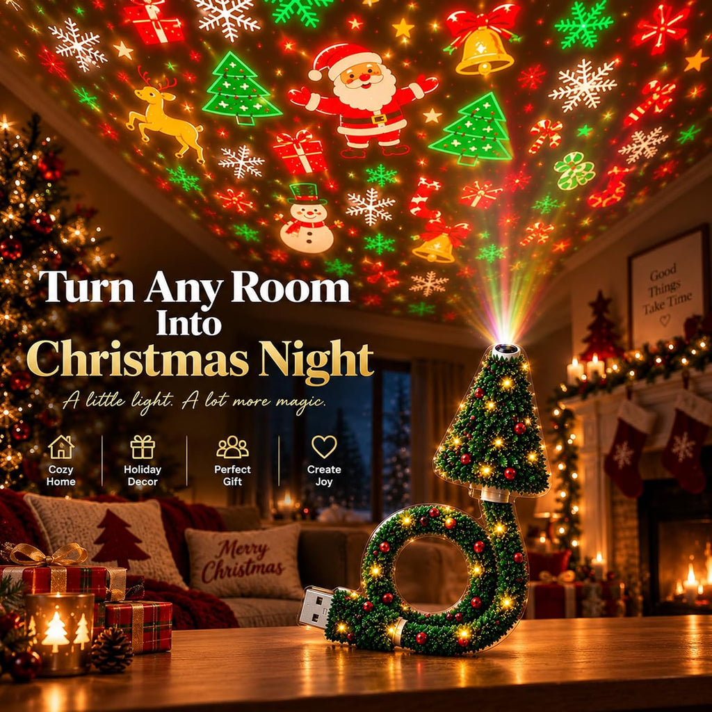 Christmas Projector Light – USB Powered HD Holiday Night Light with 6+ Festive Patterns, Flexible Tree Lamp for Bedroom, Ceiling, Desk & Christmas Decor