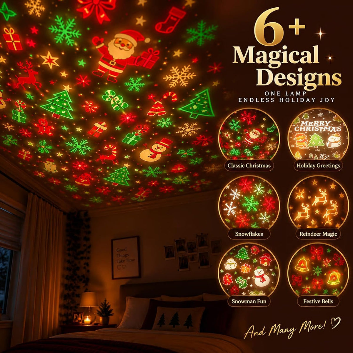 Christmas Projector Light – USB Powered HD Holiday Night Light with 6+ Festive Patterns, Flexible Tree Lamp for Bedroom, Ceiling, Desk & Christmas Decor