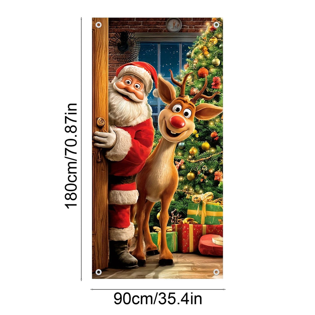 Christmas Door Cover – Santa & Reindeer Welcome Design for Front Door, Party Backdrop & Hanging Decor
