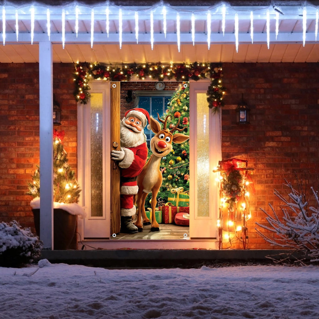 Christmas Door Cover – Santa & Reindeer Welcome Design for Front Door, Party Backdrop & Hanging Decor