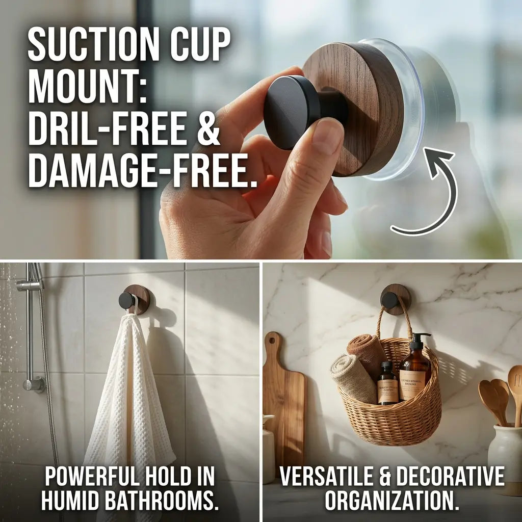 Walnut Wood Suction Cup Hooks (4 Pack) — product view 2