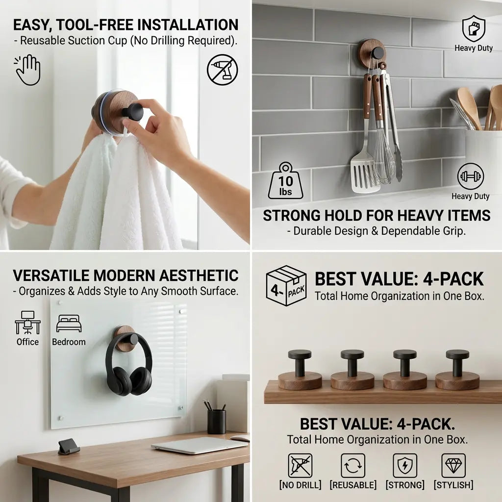 Walnut Wood Suction Cup Hooks (4 Pack) — product view 3