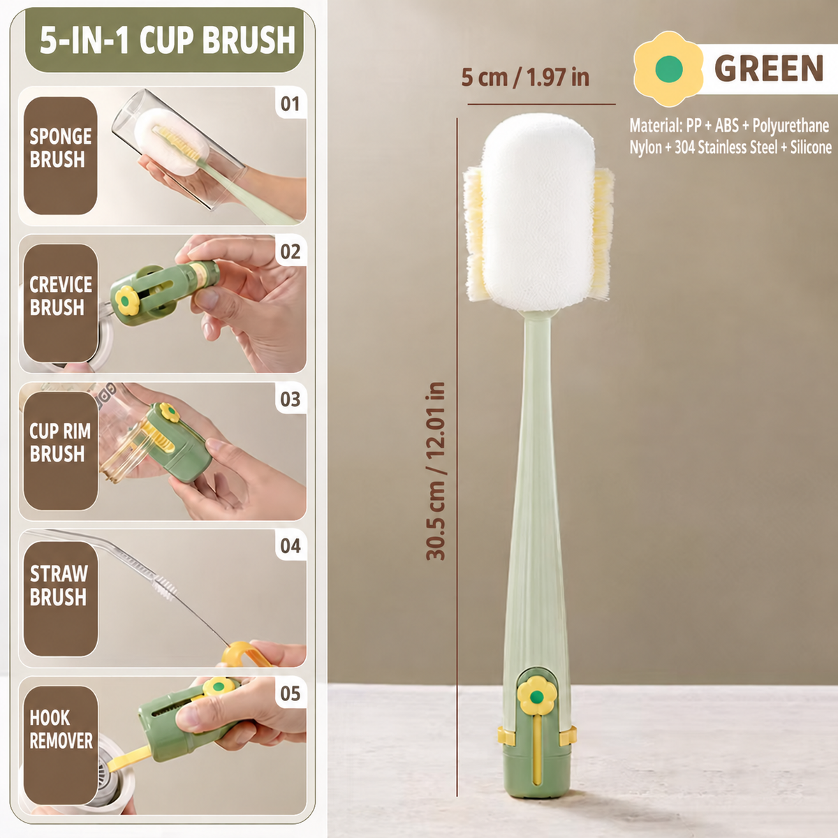 5-in-1 Bottle Cleaning Brush – 12-Inch Scrubber for Water Bottles, Cups, Tumblers & Straws