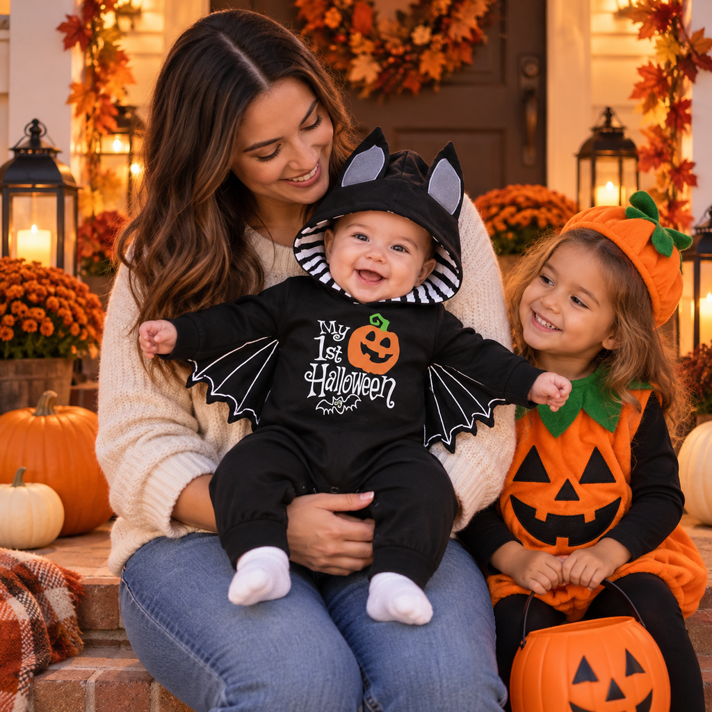 WIBACKER 0-18M Bat Halloween Costumes for Newborn Baby Boy, Pumpkin Cosplay Hoodie Romper for Infant Girls
