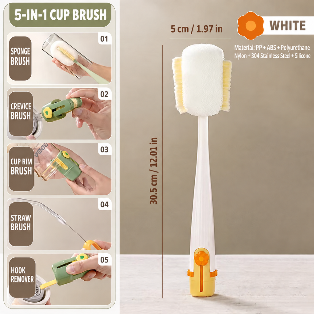 5-in-1 Bottle Cleaning Brush – 12-Inch Scrubber for Water Bottles, Cups, Tumblers & Straws