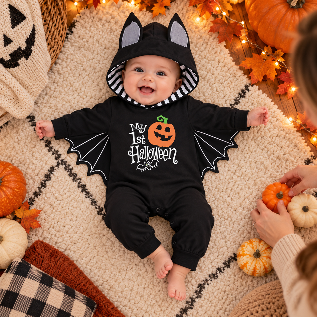 WIBACKER 0-18M Bat Halloween Costumes for Newborn Baby Boy, Pumpkin Cosplay Hoodie Romper for Infant Girls