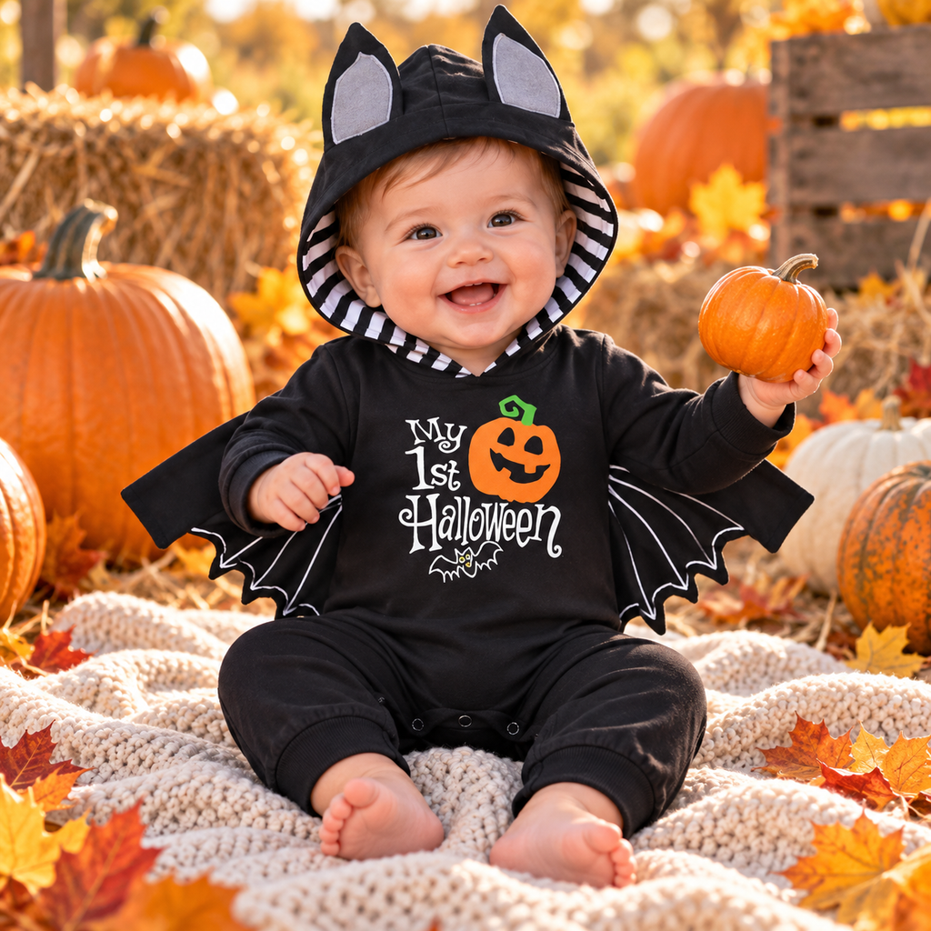 WIBACKER 0-18M Bat Halloween Costumes for Newborn Baby Boy, Pumpkin Cosplay Hoodie Romper for Infant Girls