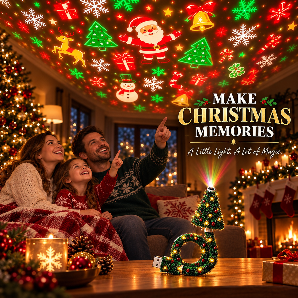 Christmas Projector Light – USB Powered HD Holiday Night Light with 6+ Festive Patterns, Flexible Tree Lamp for Bedroom, Ceiling, Desk & Christmas Decor