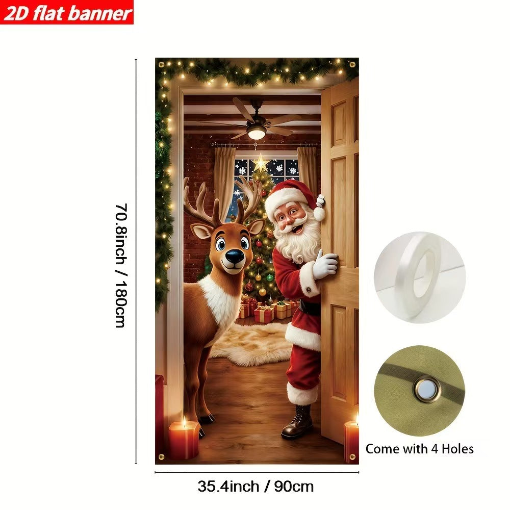 Christmas Door Cover – Santa & Reindeer Welcome Design for Front Door, Party Backdrop & Hanging Decor